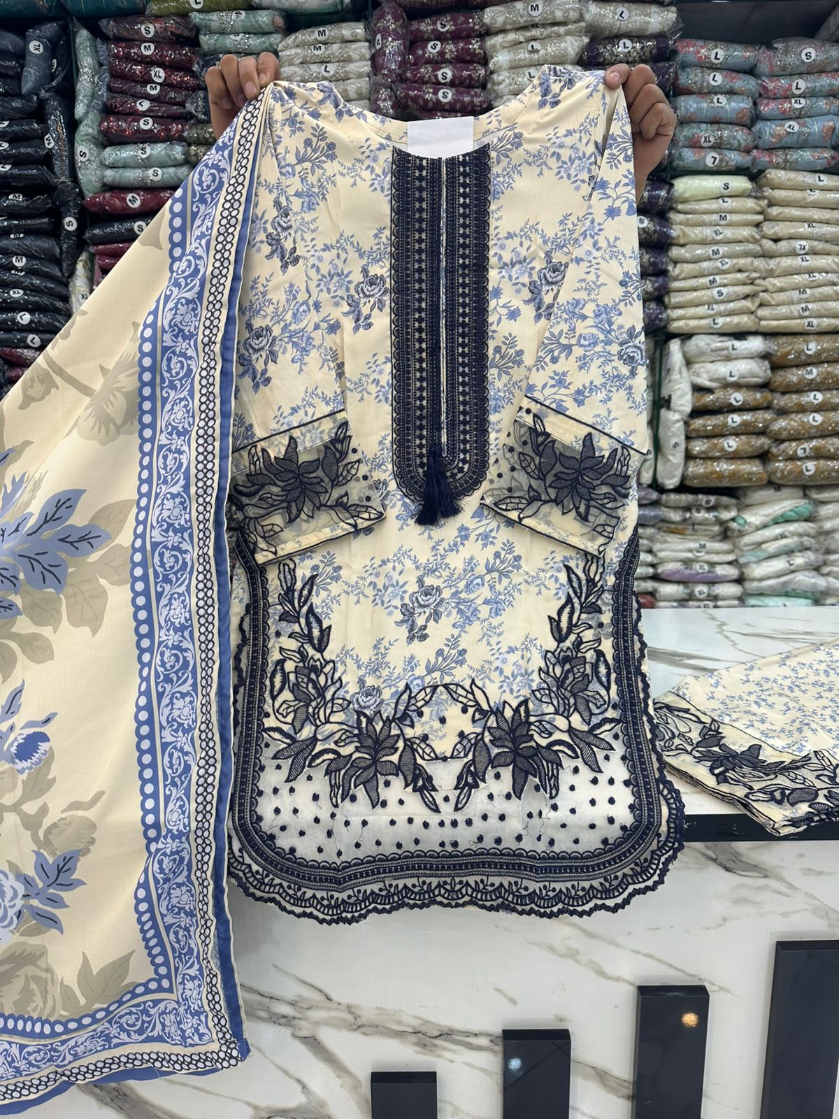 NEW ARTICAL*DHANAK STUFF*THREAD WORK*WOOL STUFF PRINTED SHAWL*EMBROIDED FARSHI SHALWAR*S M L SIZES AVAILABLE