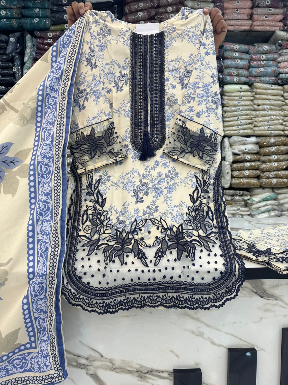 NEW ARTICAL*DHANAK STUFF*THREAD WORK*WOOL STUFF PRINTED SHAWL*EMBROIDED FARSHI SHALWAR*S M L SIZES AVAILABLE