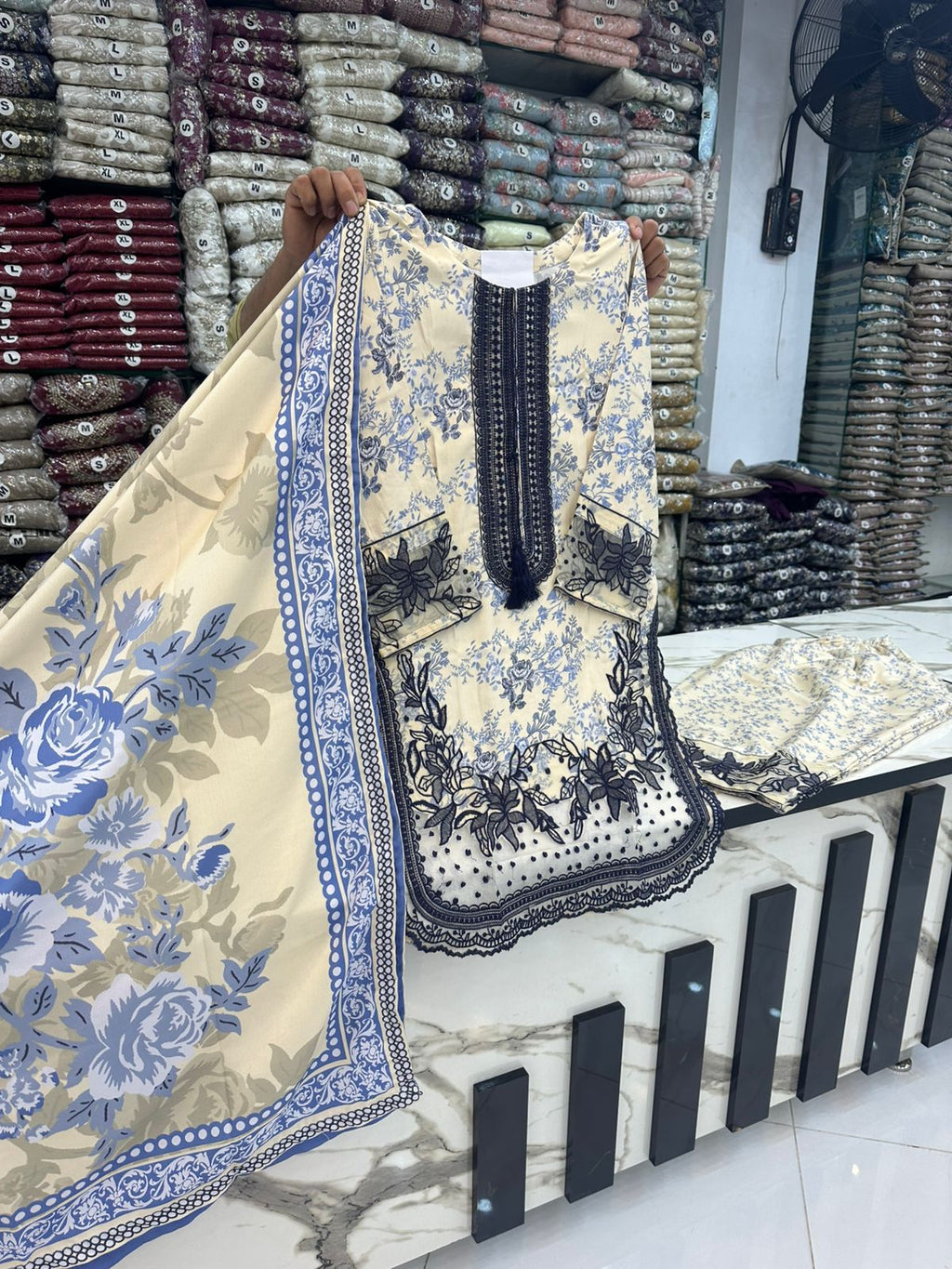 NEW ARTICAL*DHANAK STUFF*THREAD WORK*WOOL STUFF PRINTED SHAWL*EMBROIDED FARSHI SHALWAR*S M L SIZES AVAILABLE