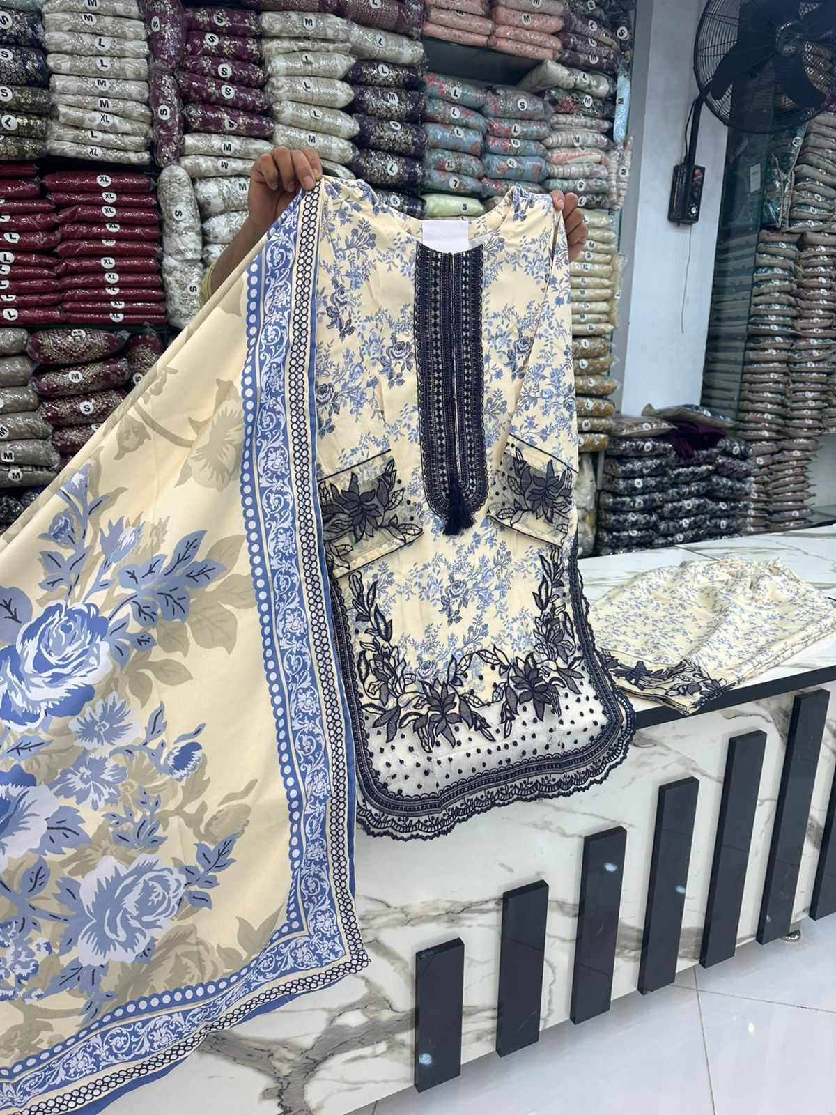 NEW ARTICAL*DHANAK STUFF*THREAD WORK*WOOL STUFF PRINTED SHAWL*EMBROIDED FARSHI SHALWAR*S M L SIZES AVAILABLE