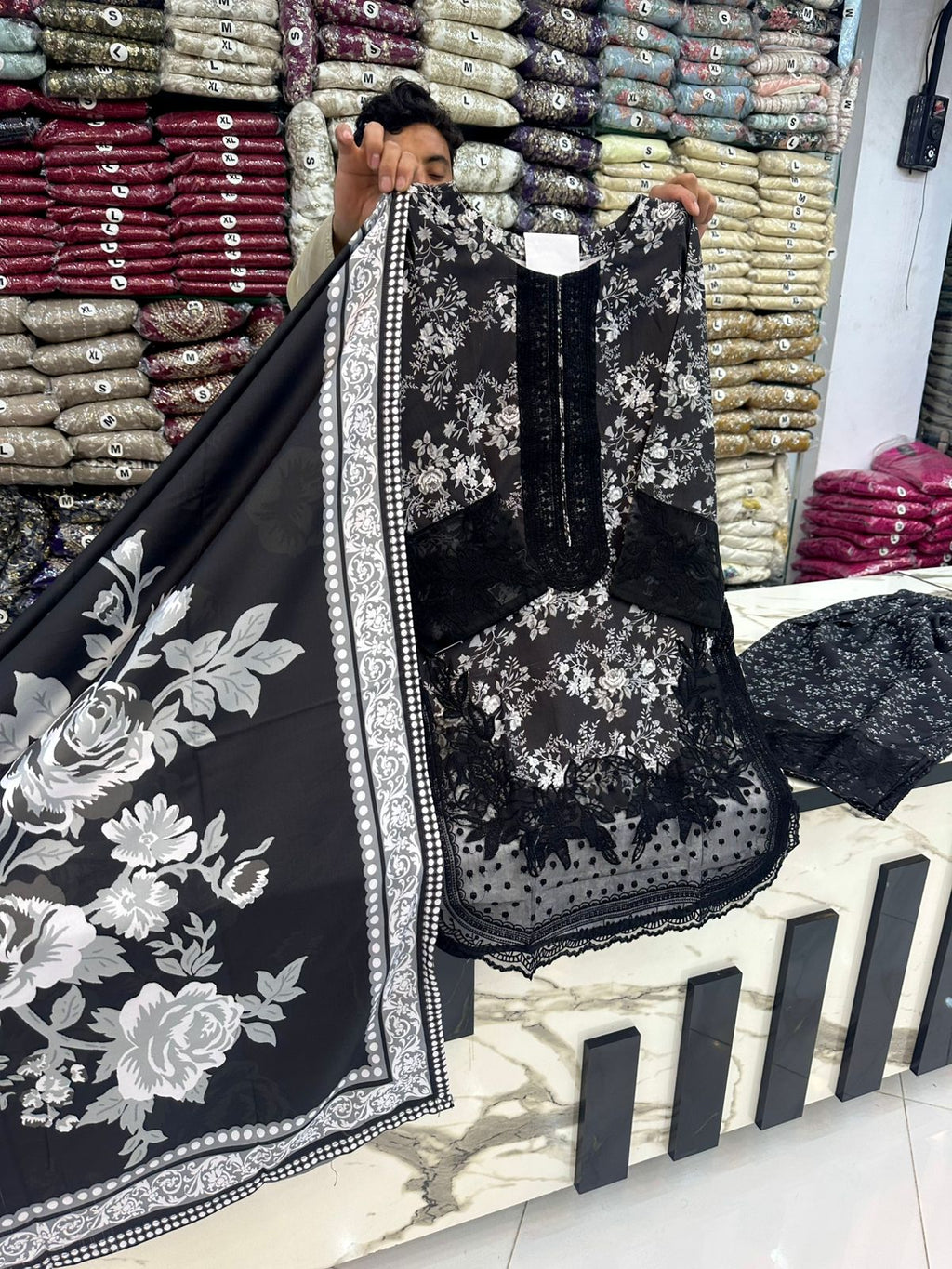 NEW ARTICAL*DHANAK STUFF*THREAD WORK*WOOL STUFF PRINTED SHAWL*EMBROIDED FARSHI SHALWAR*S M L SIZES AVAILABLE