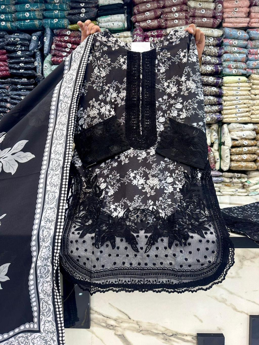 NEW ARTICAL*DHANAK STUFF*THREAD WORK*WOOL STUFF PRINTED SHAWL*EMBROIDED FARSHI SHALWAR*S M L SIZES AVAILABLE