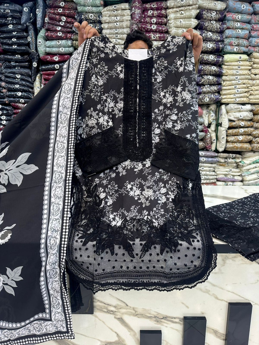 NEW ARTICAL*DHANAK STUFF*THREAD WORK*WOOL STUFF PRINTED SHAWL*EMBROIDED FARSHI SHALWAR*S M L SIZES AVAILABLE