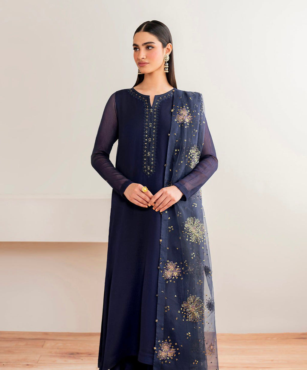 “NEW ARRIVAL”  New Pure Chiffon Ready To Wear Very Beautiful Party Wear Outfit Having Long Shirt With Handwork Neckline Along With Embroidered Chiffon Dupatta..!!