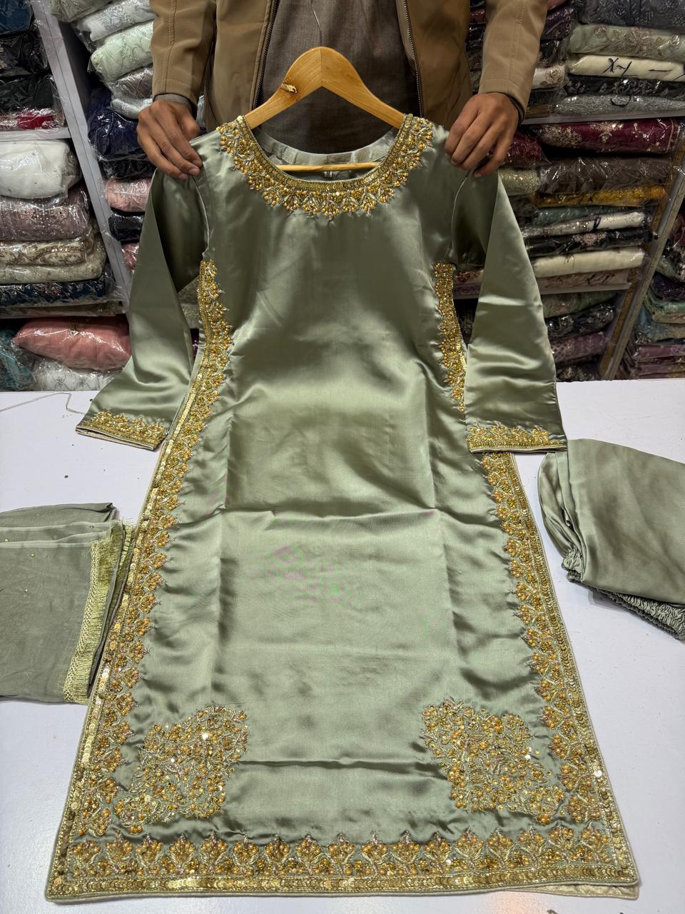 Hit article in silk Febric   Handmade cora dabka work  Heavy embroidered slives Length 45" Fabric shamos silk  Plain shafoon dopta