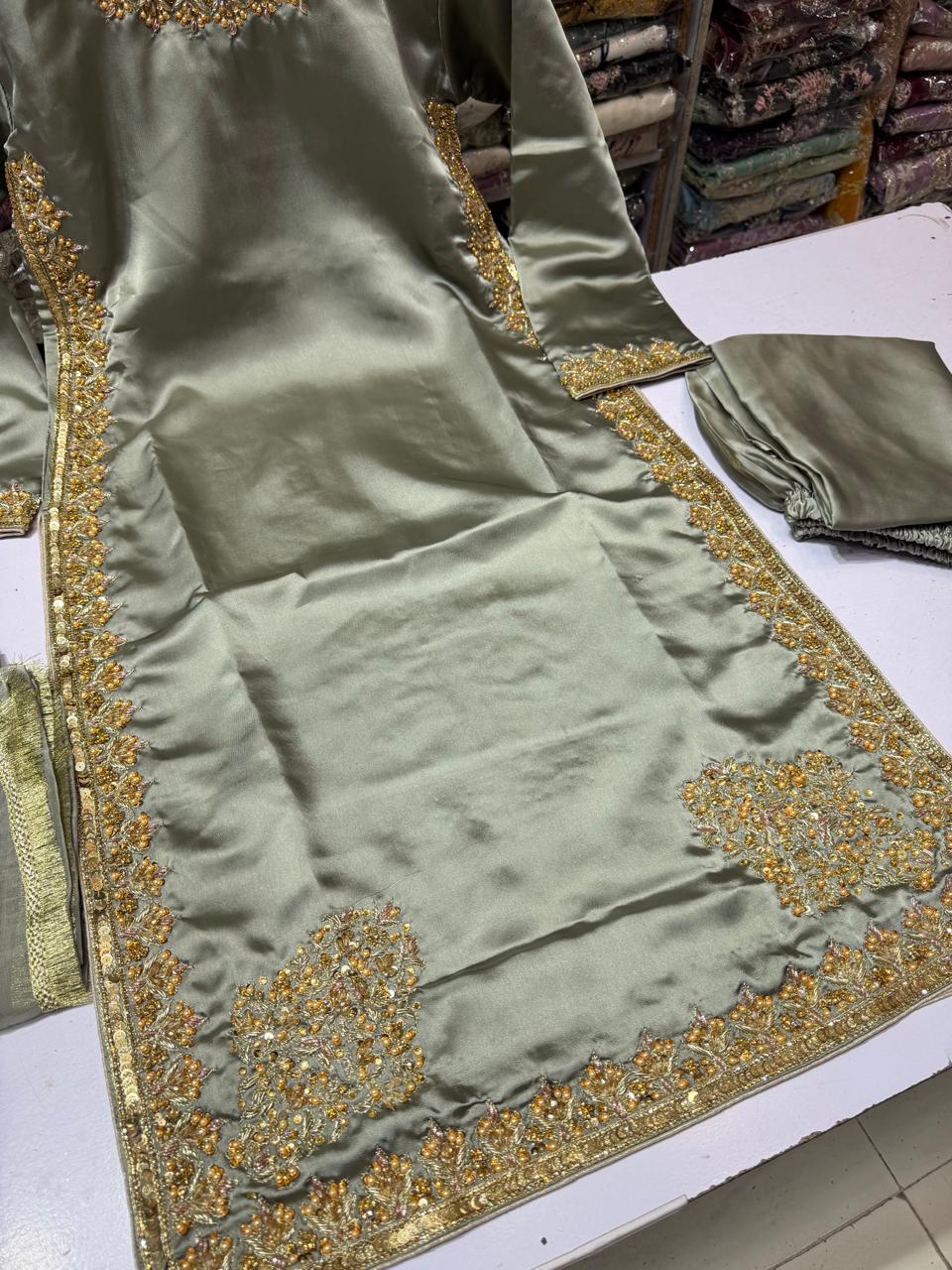 Hit article in silk Febric   Handmade cora dabka work  Heavy embroidered slives Length 45" Fabric shamos silk  Plain shafoon dopta