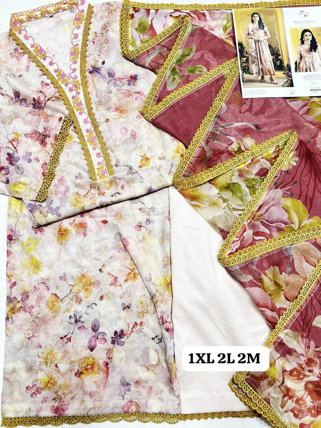 SHIRT:  Digital Printed Lawn. > DUPATTA: Digital Printed Bamber Chiffon. > TROUSER: Died Cambric Cotton.  ⭕ Heavy Premium Laces Attached on Dupatta 4-sided as shown in open pics . ⭕ Work: Organza Sequin Embroidered Lace & Motif