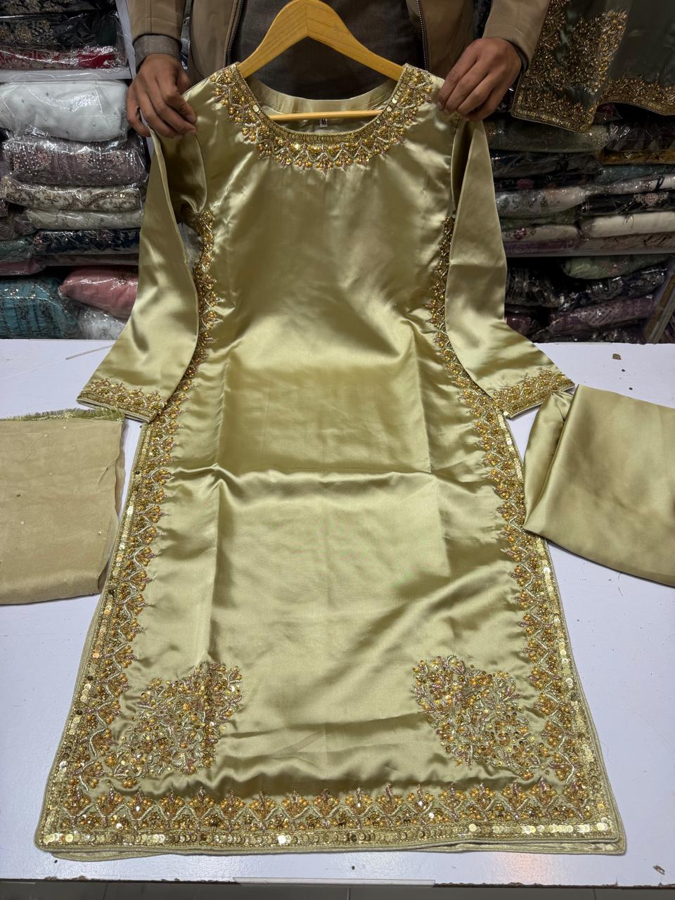 Hit article in silk Febric   Handmade cora dabka work  Heavy embroidered slives Length 45" Fabric shamos silk  Plain shafoon dopta