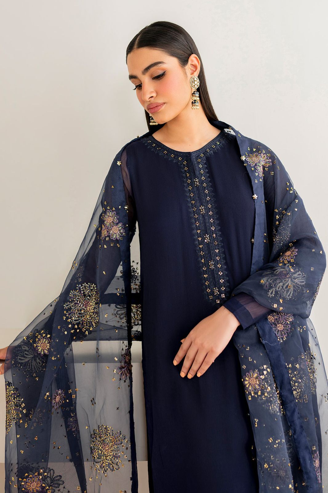 “NEW ARRIVAL”  New Pure Chiffon Ready To Wear Very Beautiful Party Wear Outfit Having Long Shirt With Handwork Neckline Along With Embroidered Chiffon Dupatta..!!