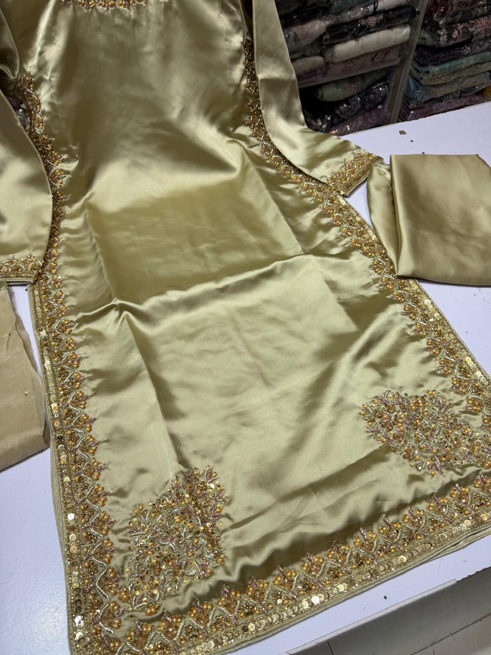 Hit article in silk Febric   Handmade cora dabka work  Heavy embroidered slives Length 45" Fabric shamos silk  Plain shafoon dopta