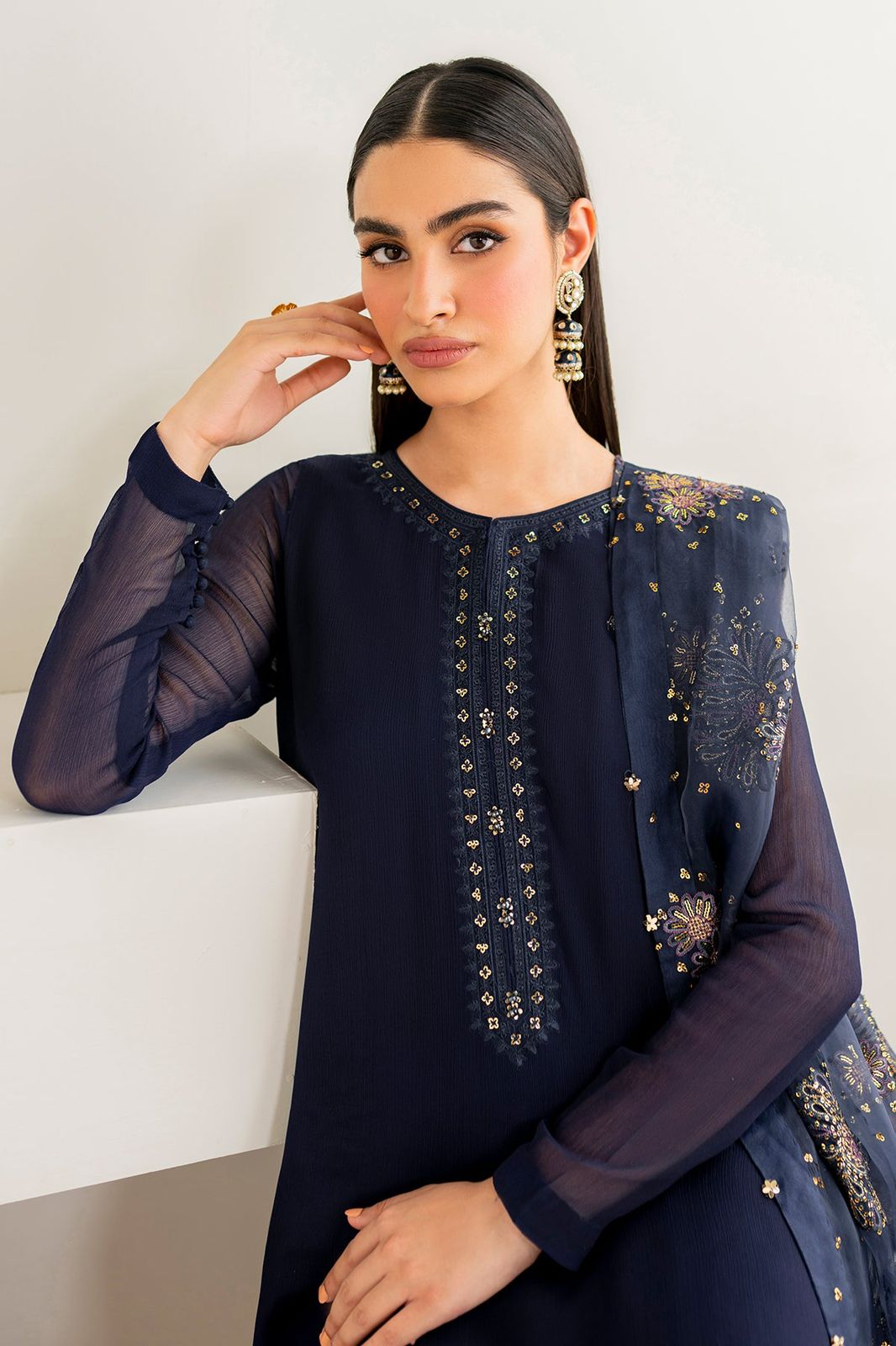 “NEW ARRIVAL”  New Pure Chiffon Ready To Wear Very Beautiful Party Wear Outfit Having Long Shirt With Handwork Neckline Along With Embroidered Chiffon Dupatta..!!