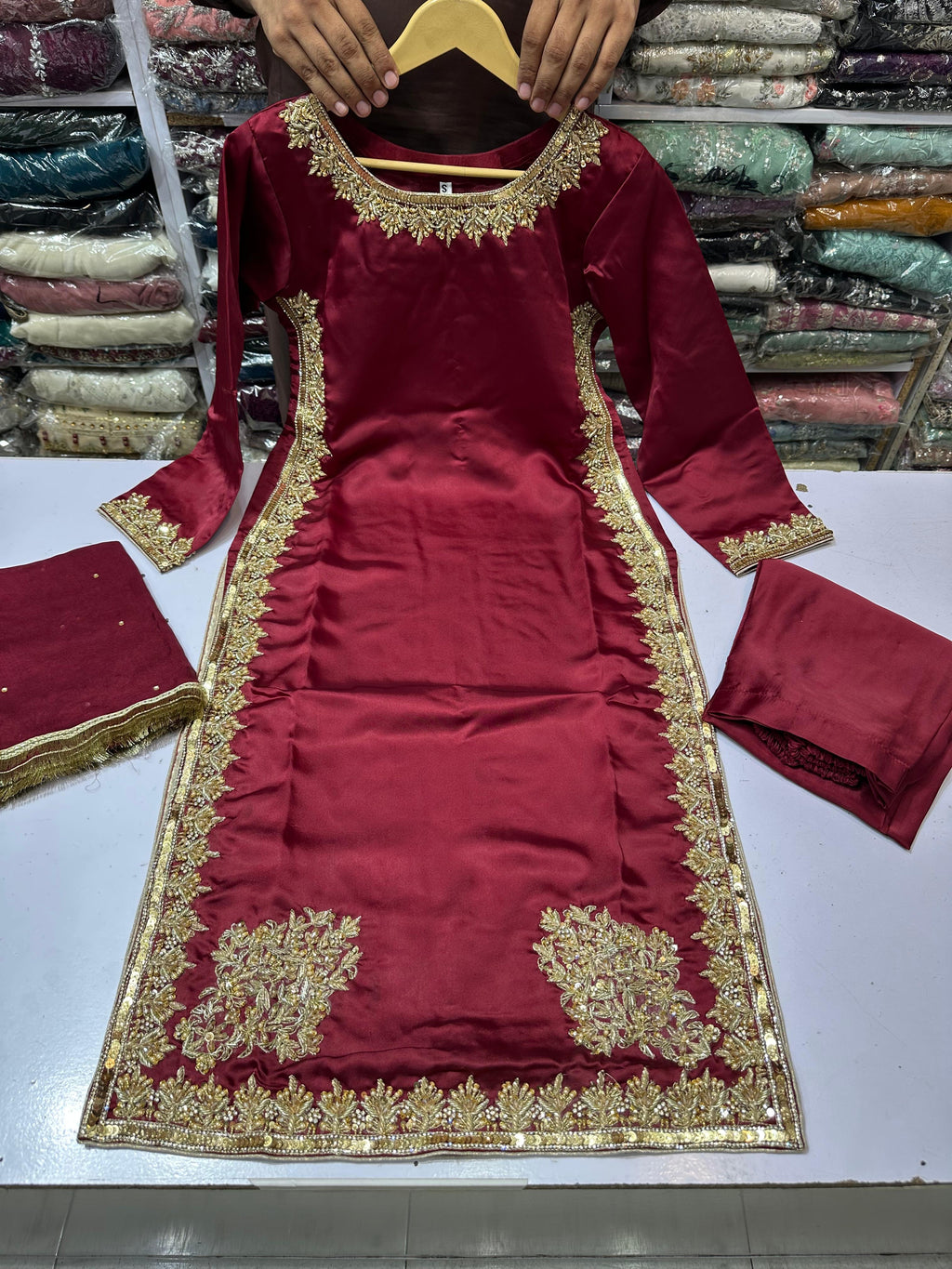 Hit article in silk Febric   Handmade cora dabka work  Heavy embroidered slives Length 45" Fabric shamos silk  Plain shafoon dopta