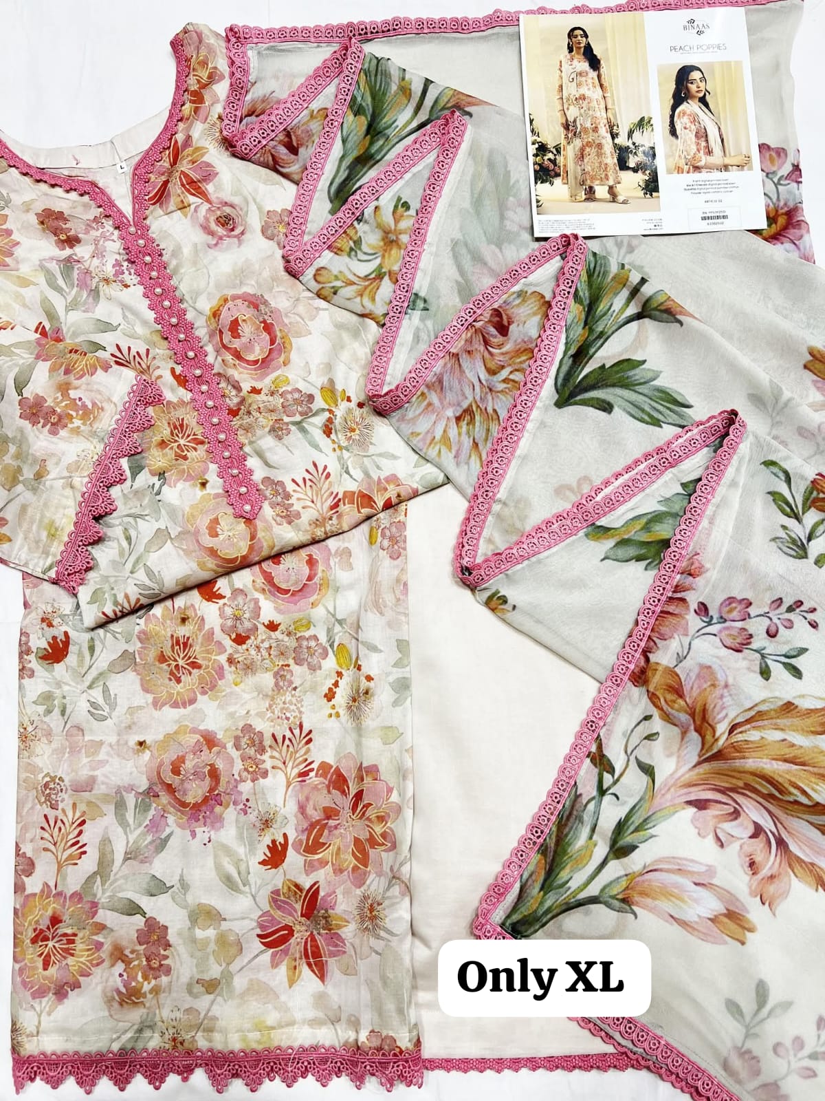 SHIRT:  Digital Printed Lawn. > DUPATTA: Digital Printed Bamber Chiffon. > TROUSER: Died Cambric Cotton.  ⭕ Heavy Premium Laces Attached on Dupatta 4-sided as shown in open pics . ⭕ Work: Organza Sequin Embroidered Lace & Motif