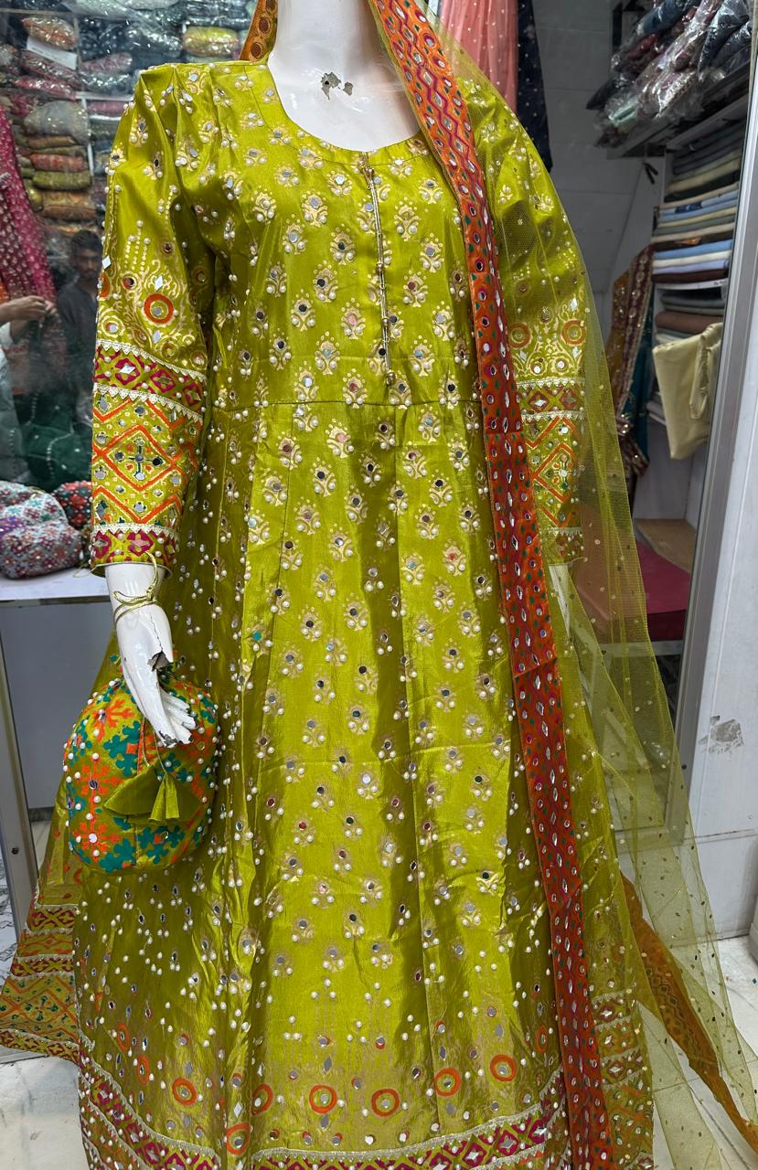 Long mirror maxi  Febric raw silk Four sided border net dopta  Small medium and large size