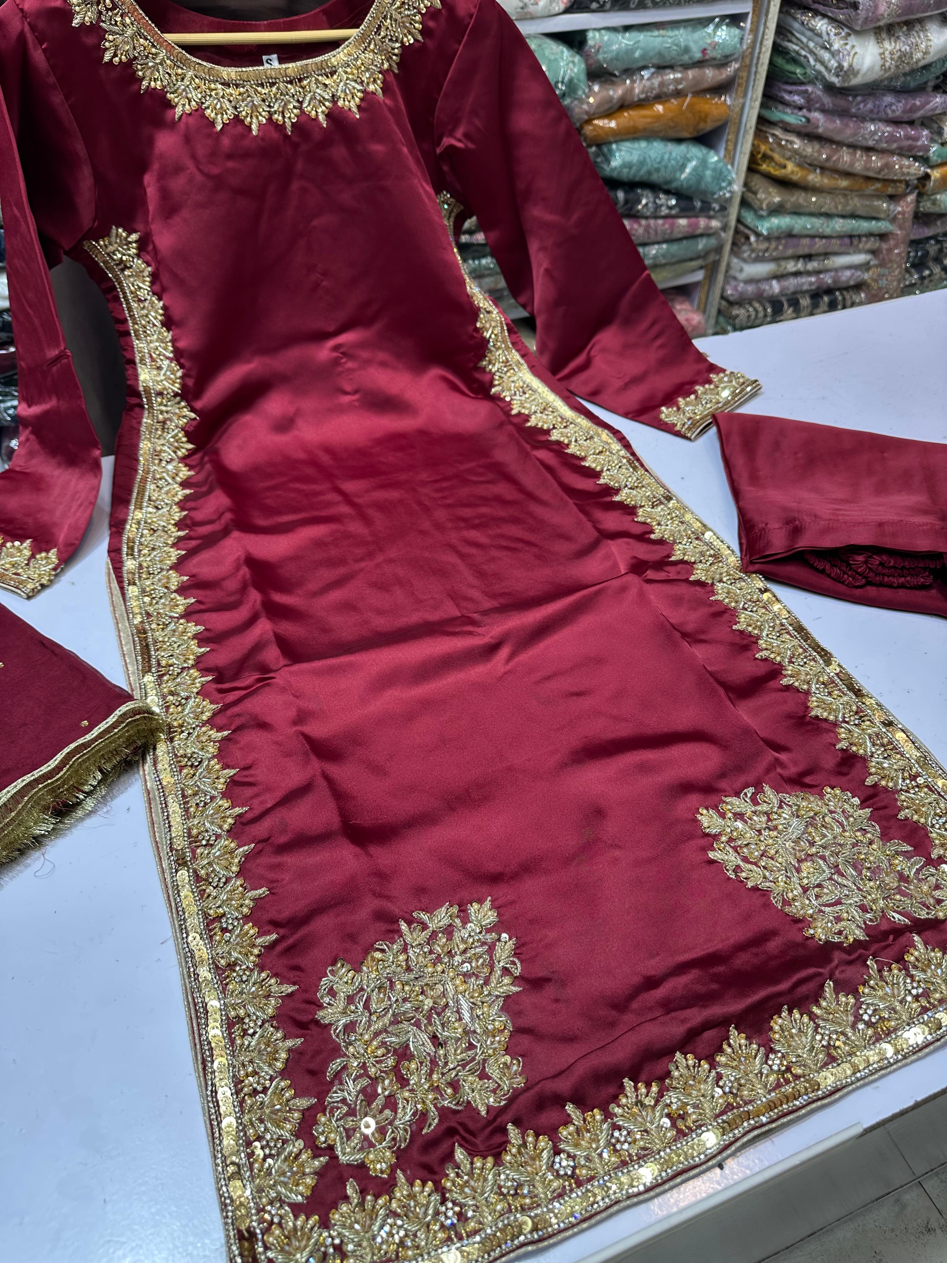 Hit article in silk Febric   Handmade cora dabka work  Heavy embroidered slives Length 45" Fabric shamos silk  Plain shafoon dopta