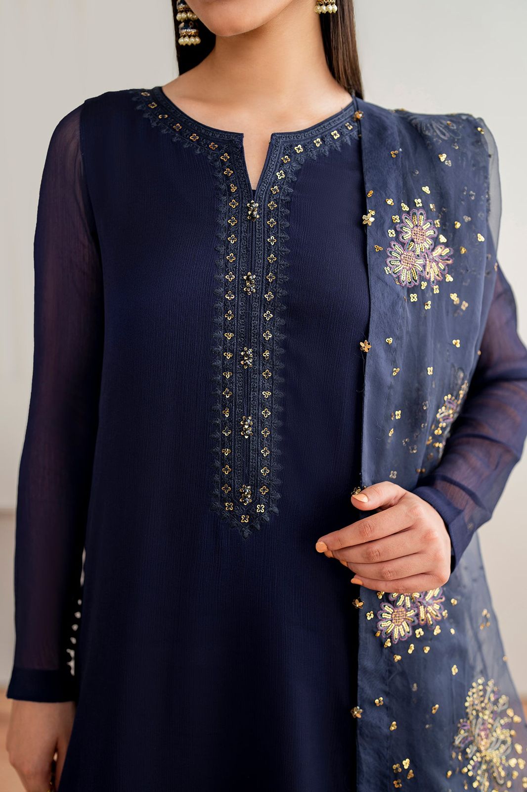 “NEW ARRIVAL”  New Pure Chiffon Ready To Wear Very Beautiful Party Wear Outfit Having Long Shirt With Handwork Neckline Along With Embroidered Chiffon Dupatta..!!