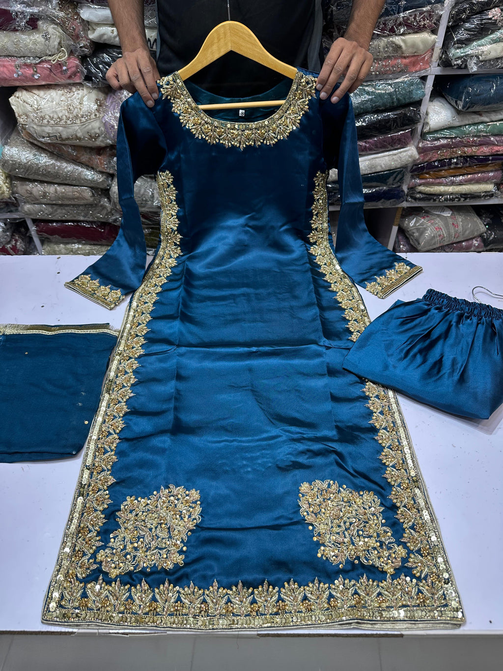 Hit article in silk Febric   Handmade cora dabka work  Heavy embroidered slives Length 45" Fabric shamos silk  Plain shafoon dopta