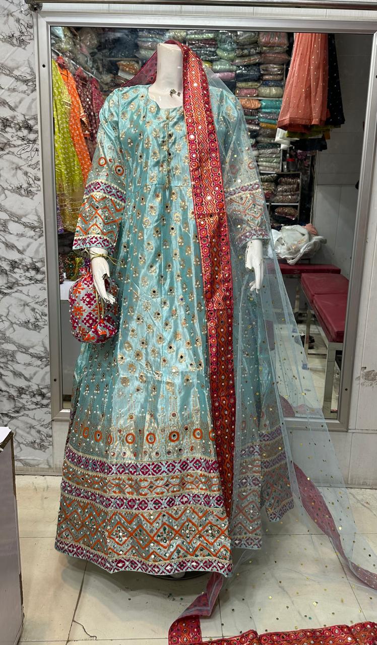 Long mirror maxi  Febric raw silk Four sided border net dopta  Small medium and large size