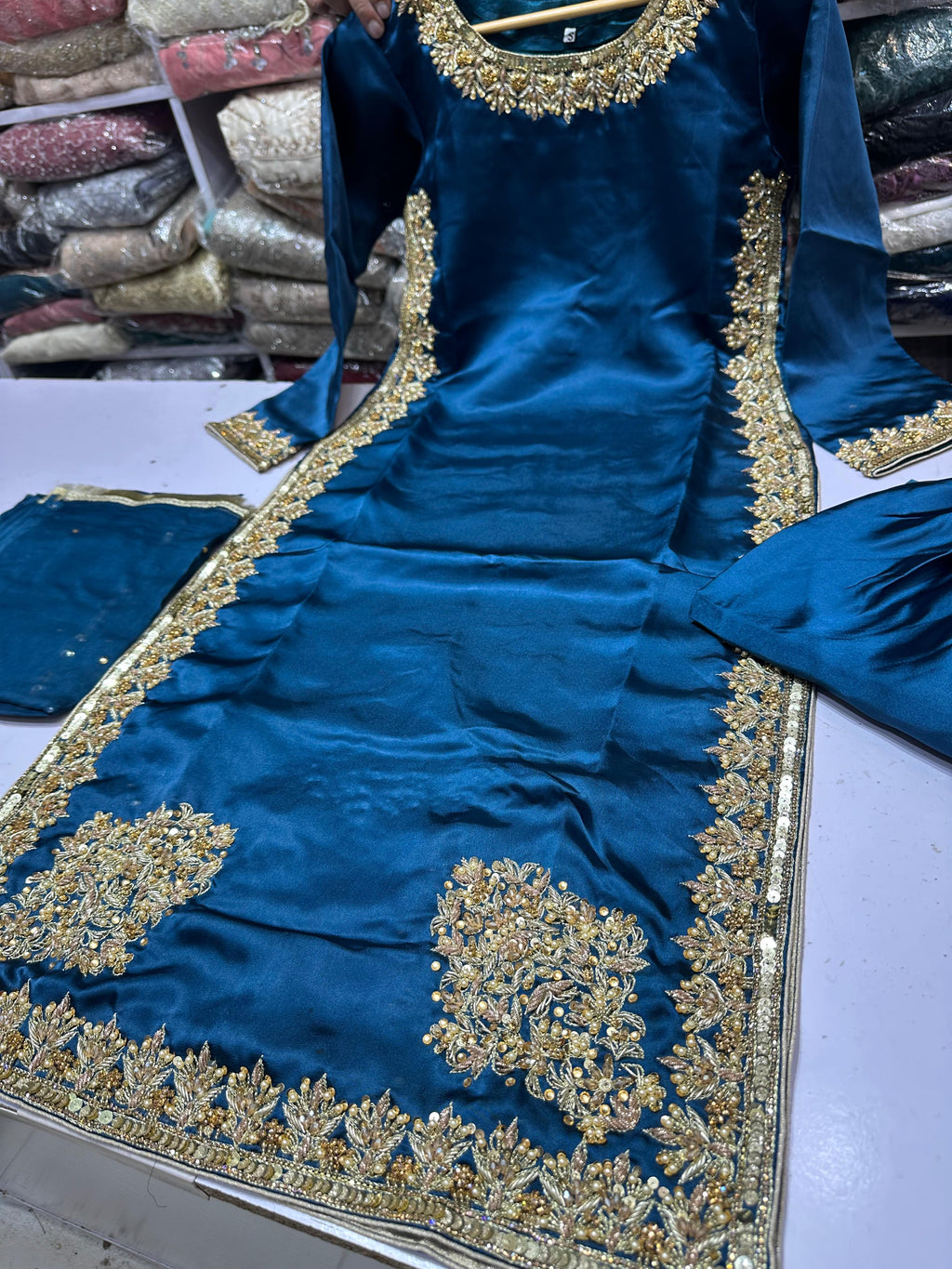 Hit article in silk Febric   Handmade cora dabka work  Heavy embroidered slives Length 45" Fabric shamos silk  Plain shafoon dopta