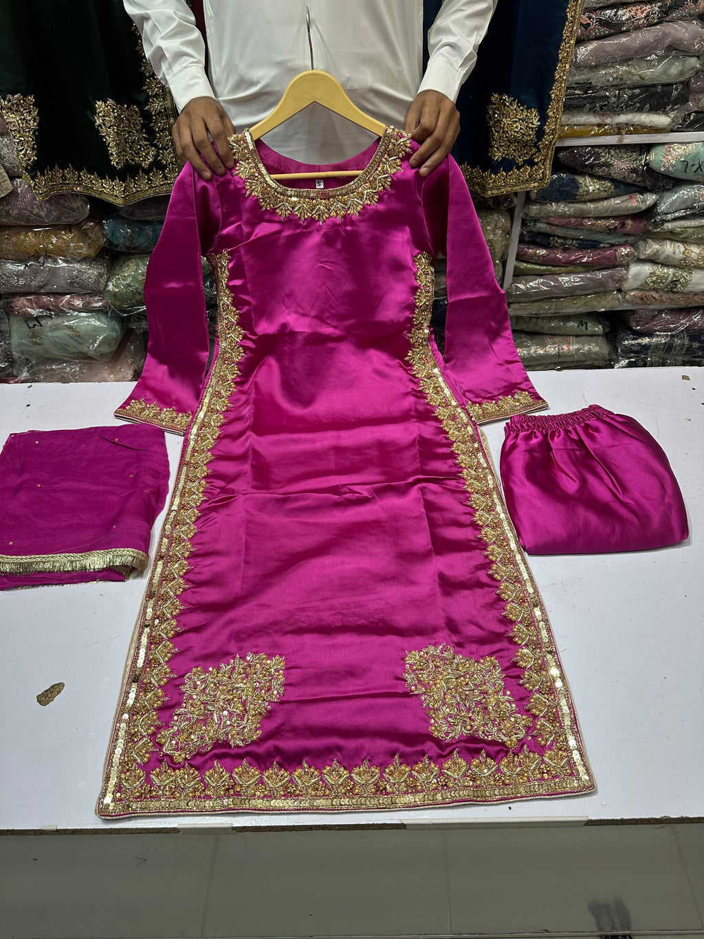 Hit article in silk Febric   Handmade cora dabka work  Heavy embroidered slives Length 45" Fabric shamos silk  Plain shafoon dopta