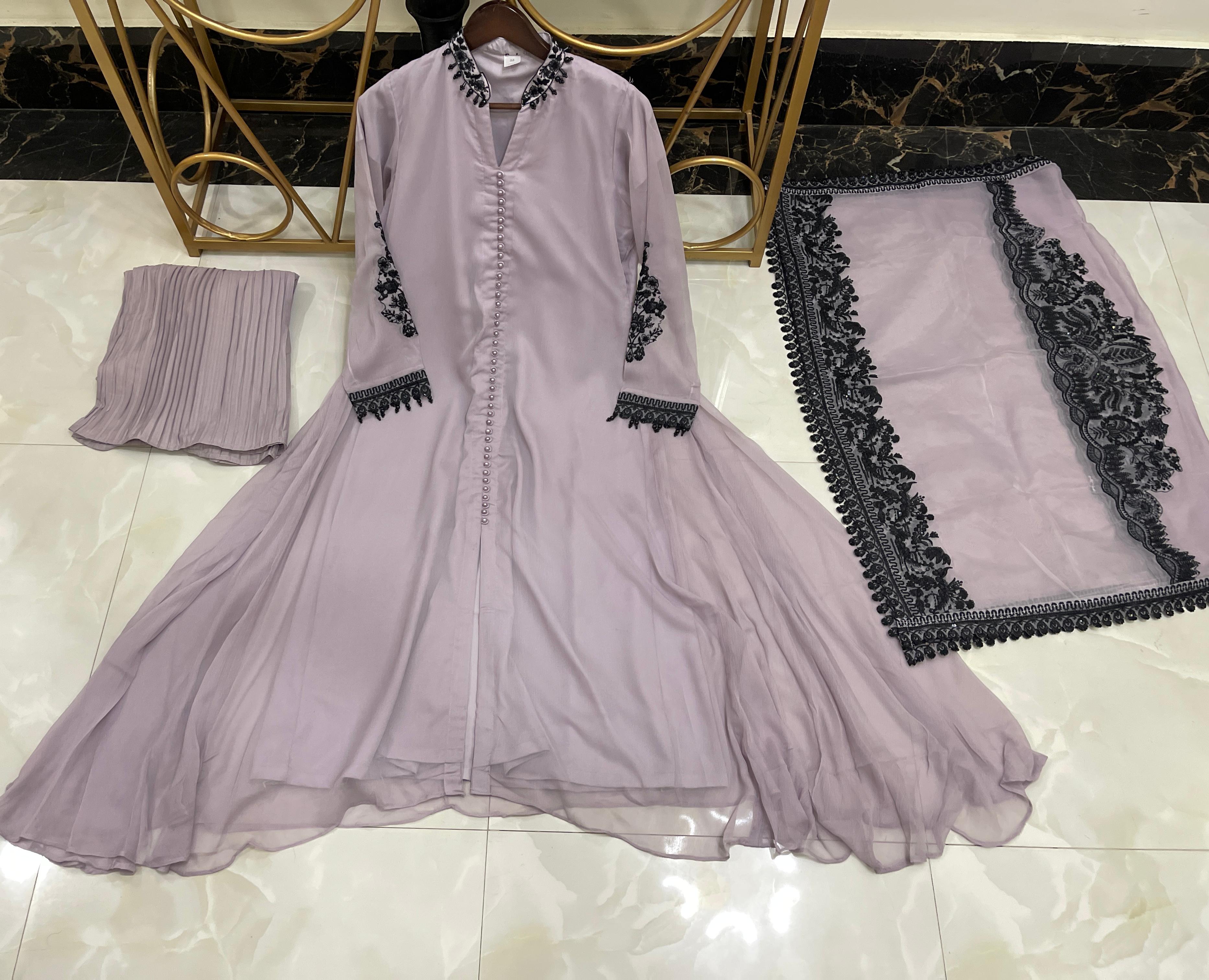 “NEW ARRIVAL”  New Pure Chiffon Flairy Frock With Buttons Style Front Along With Beautiful Embroidered Dupatta And Crush Flapper In Amazing Colour!!