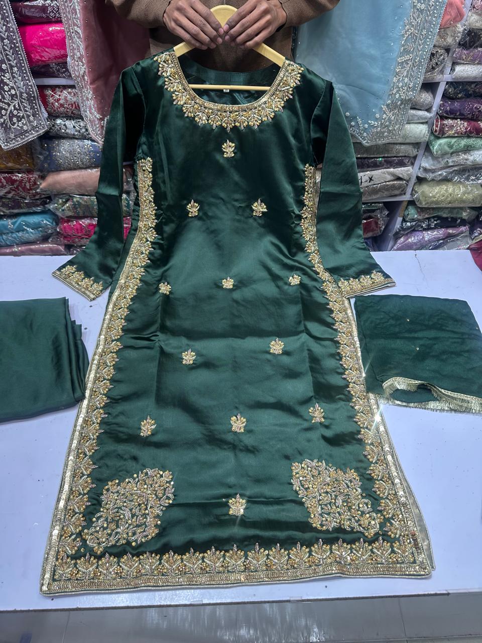 Hit article in silk Febric   Handmade cora dabka work  Heavy embroidered slives Length 45" Fabric shamos silk  Plain shafoon dopta