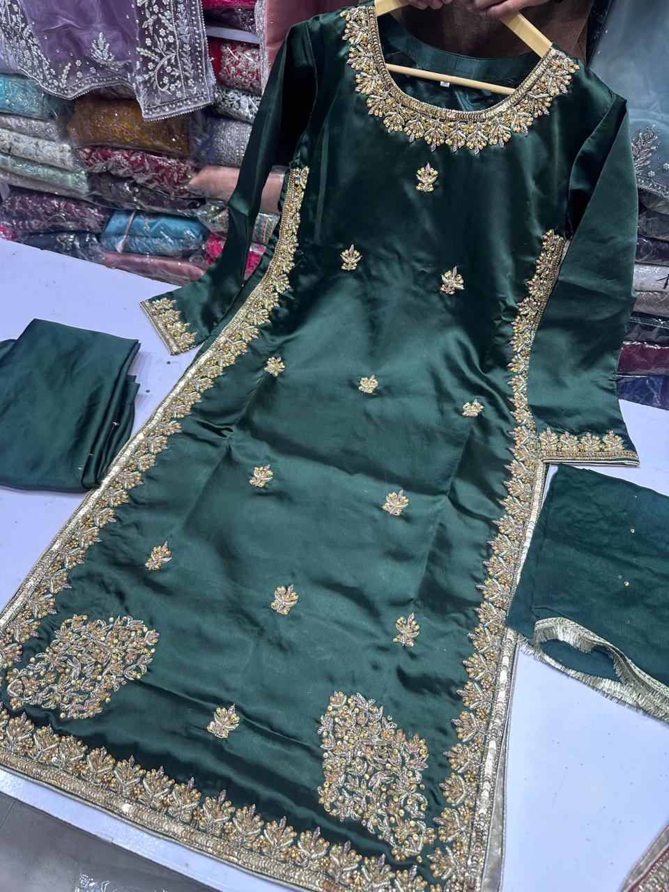 Hit article in silk Febric   Handmade cora dabka work  Heavy embroidered slives Length 45" Fabric shamos silk  Plain shafoon dopta