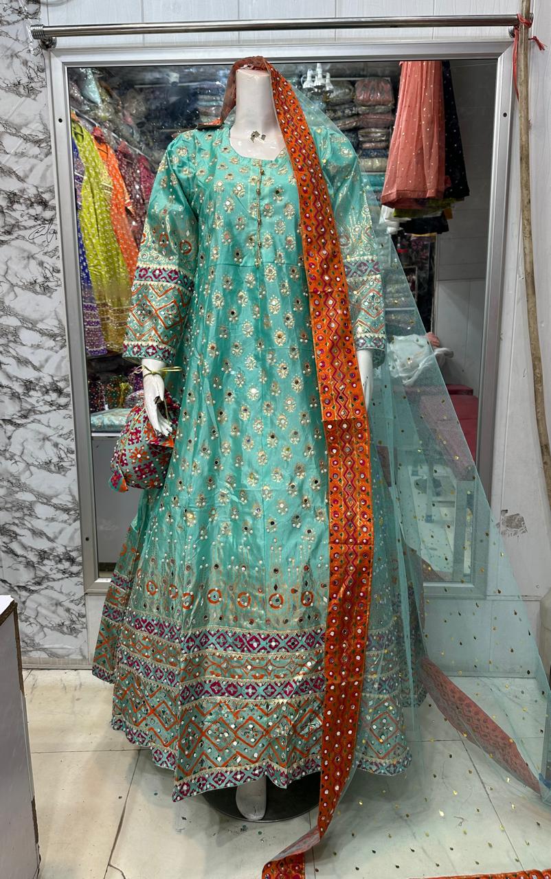 Long mirror maxi  Febric raw silk Four sided border net dopta  Small medium and large size