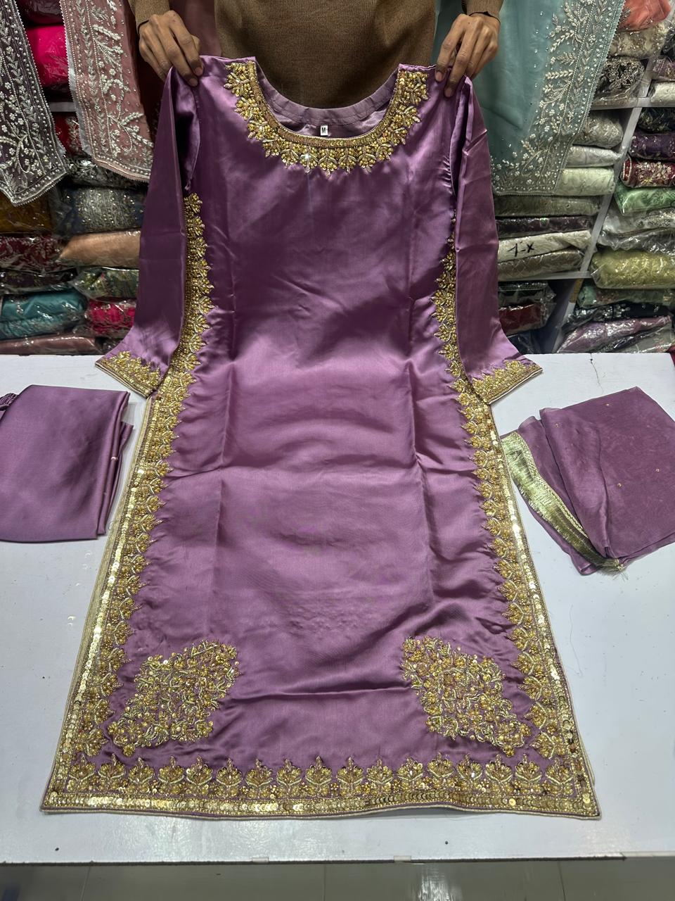 Hit article in silk Febric   Handmade cora dabka work  Heavy embroidered slives Length 45" Fabric shamos silk  Plain shafoon dopta