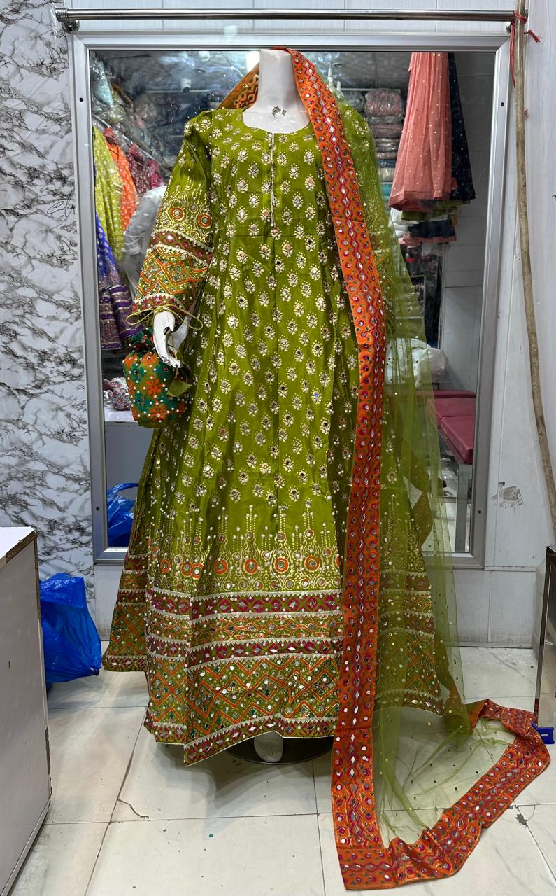 Long mirror maxi  Febric raw silk Four sided border net dopta  Small medium and large size