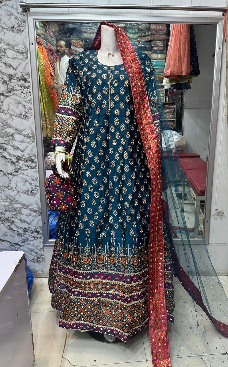 Long mirror maxi  Febric raw silk Four sided border net dopta  Small medium and large size