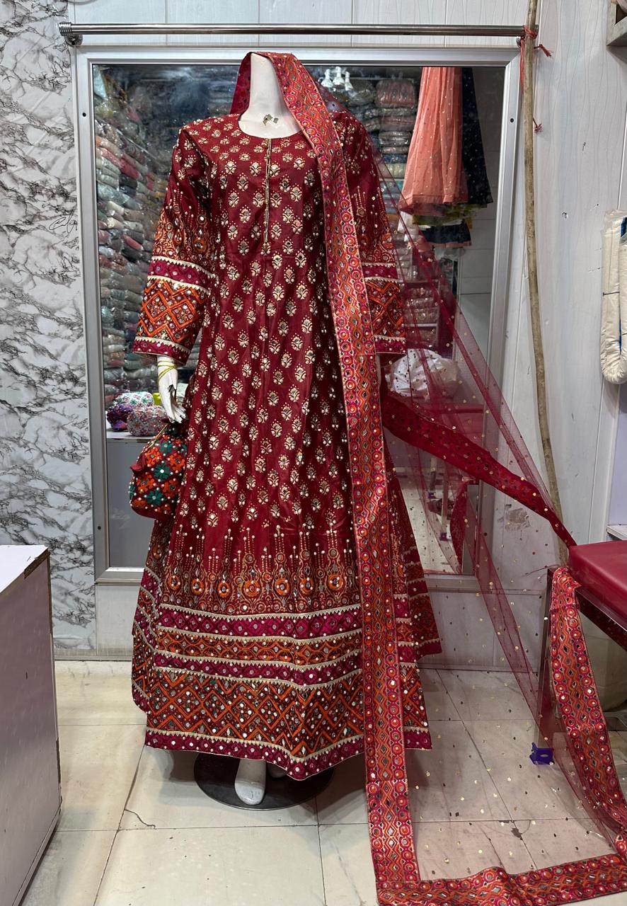 Long mirror maxi  Febric raw silk Four sided border net dopta  Small medium and large size