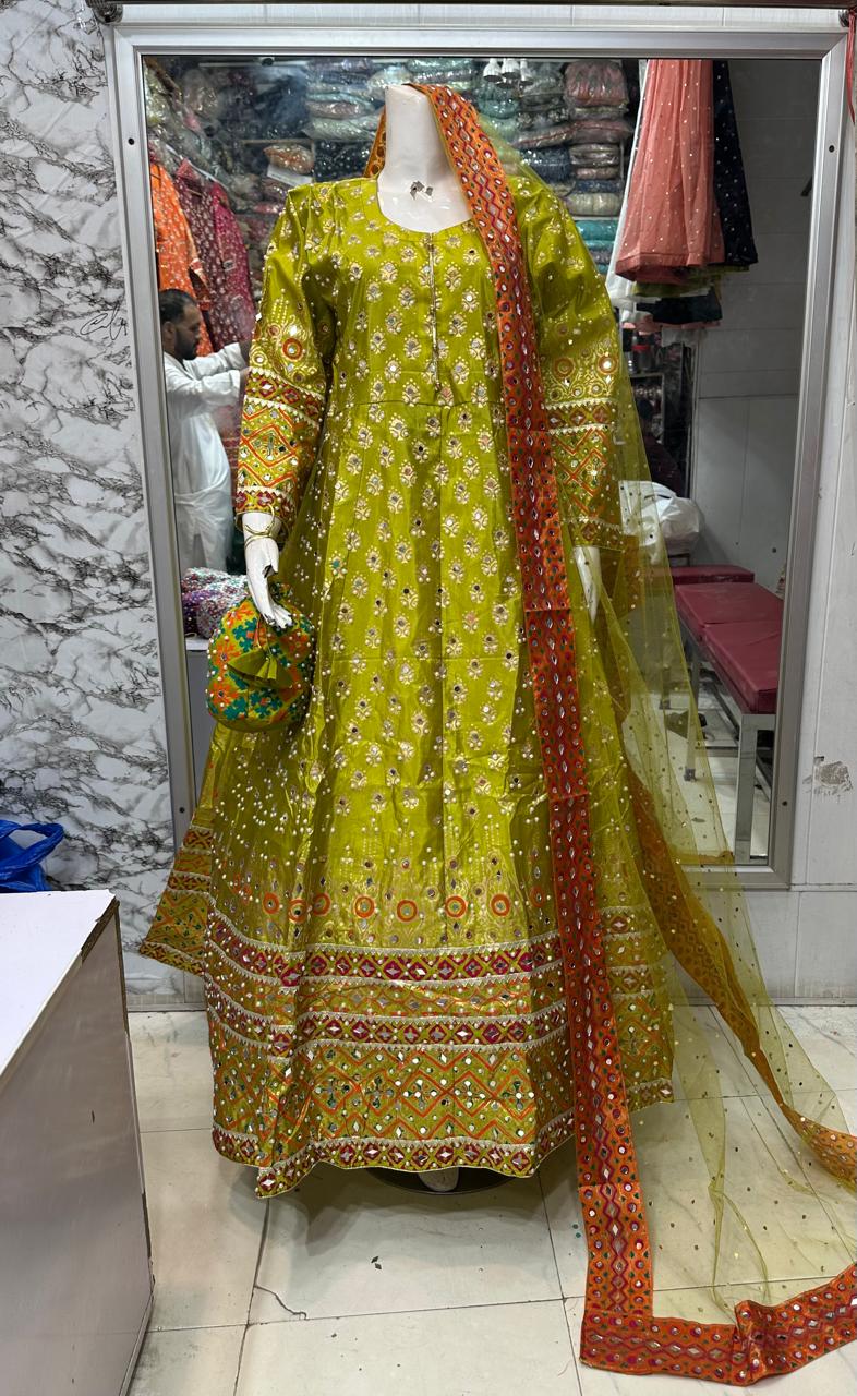 Long mirror maxi  Febric raw silk Four sided border net dopta  Small medium and large size