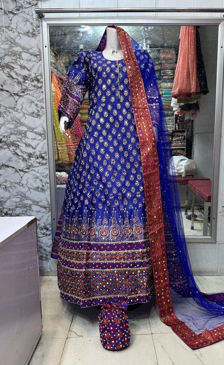 Long mirror maxi  Febric raw silk Four sided border net dopta  Small medium and large size