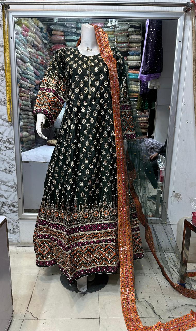 Long mirror maxi  Febric raw silk Four sided border net dopta  Small medium and large size